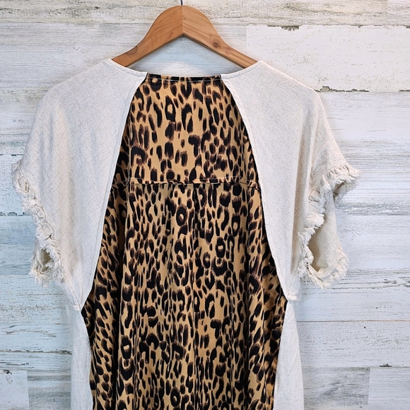 Umgee Womens Boho Linen Cotton Fringe Leopard Print Top 2X Oatmeal Neutral Chic - Picture 8 of 12